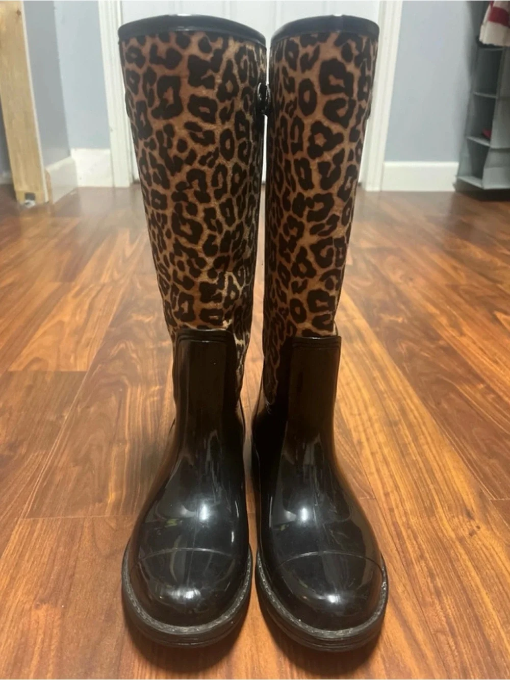 Qupid Leopard Print Rain Boots with Black Patent Foot